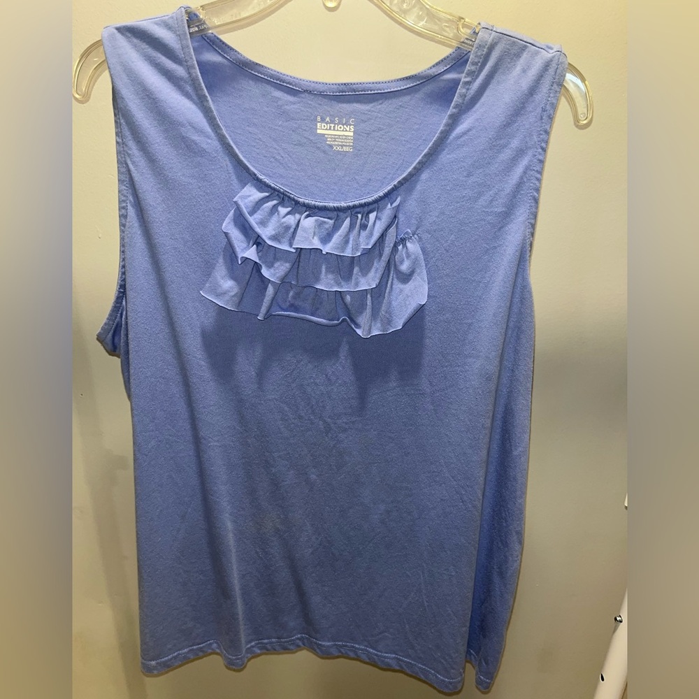 Basic Editions Women's Sleeveless Blue Ruffle Tank